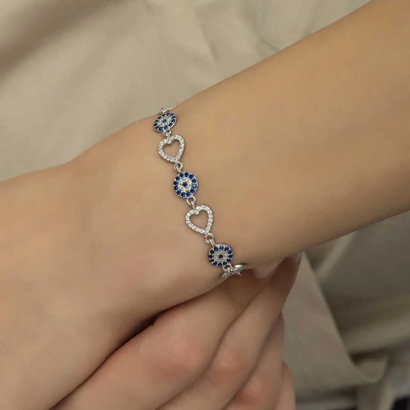 925 Ayar Gümüş Kalpli Nazar Bileklik - Resim 3