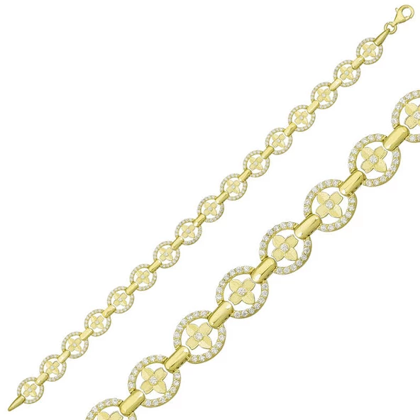 925 Ayar Gümüş Gold Yuvarlak Su Yolu Bileklik - Resim 2