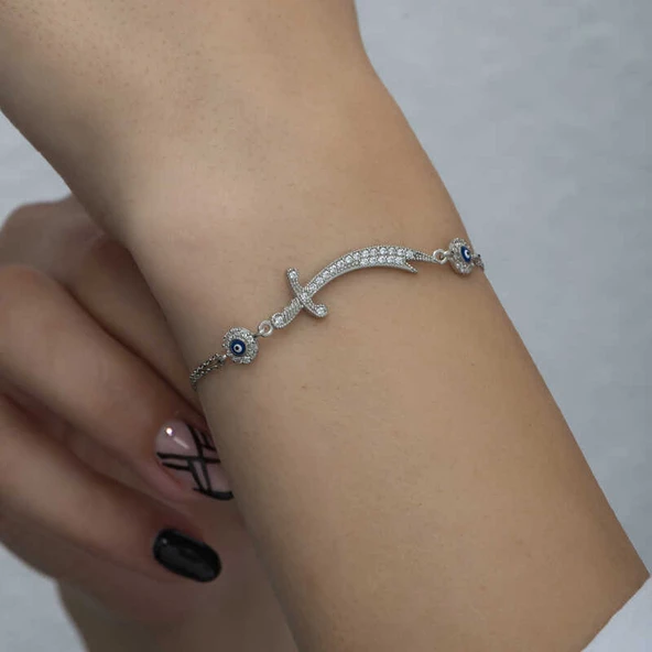 925 Ayar Gümüş Nazarlı Zülfikar Kılıcı Kadın Bileklik - Resim 5