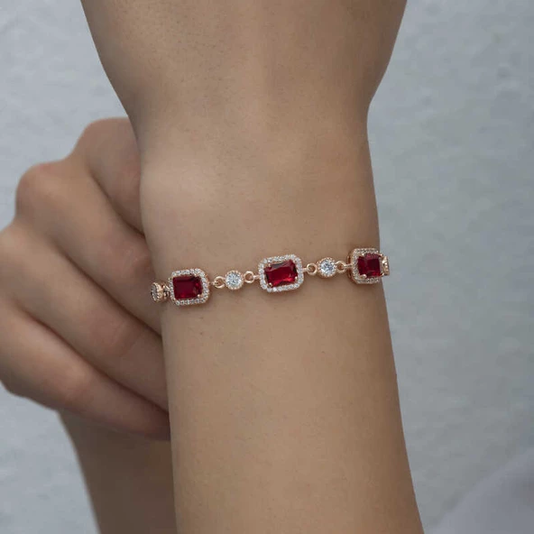 925 Ayar Gümüş Rose Baget Kırmızı Taşlı Kadın Bileklik - 4