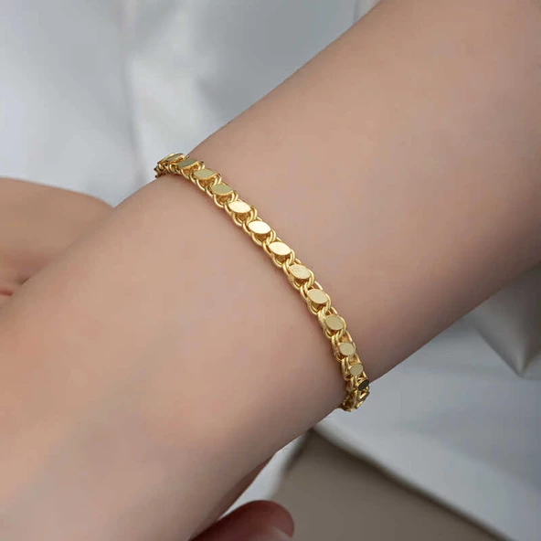 925 Ayar Gümüş Gold Pullu Zincir Kadın Bileklik - 4
