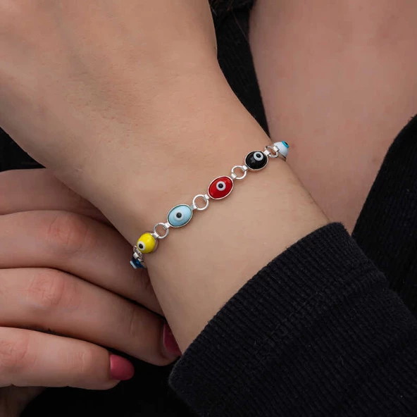 925 Ayar Gümüş Renkli Nazar Mineli Kadın Bileklik - Resim 2