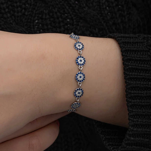 ​925 Ayar Gümüş Nazar Boncuklu Kadın Bileklik - Resim 5