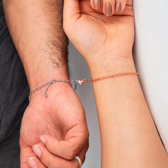925 Ayar Gümüş Rodyum Rose Çift Kalpli Aşk Bileklik - 3