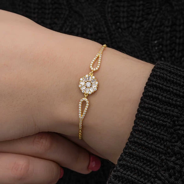 925 Ayar Gümüş Gold Baget Taşlı Kadın Bileklik - 4