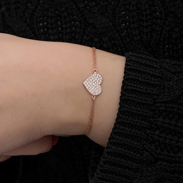 925 Ayar Gümüş Rose Kalp Kadın Bileklik - 4
