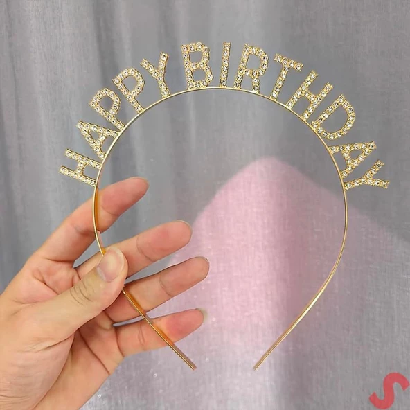 Altın Gold Renk Kristal Taşlı Parlak Happy Birthday Taç 16x17 cm - 2