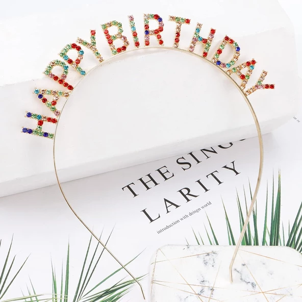 Rengarenk Kristal Taşlı Ekstra Lüks Gümüş Kaplama Happy Birthday Taç 16x17 cm - Resim 2