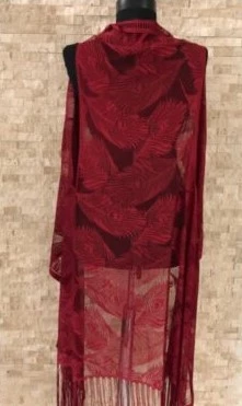 Pareo Dantel Yelek Mayo Bikini Üzeri Yaprak Desenli Püsküllü Plaj Elbisesi - Bordo - 5