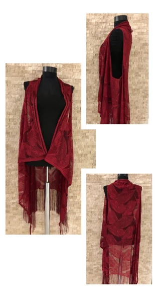 Pareo Dantel Yelek Mayo Bikini Üzeri Yaprak Desenli Püsküllü Plaj Elbisesi - Bordo - 4