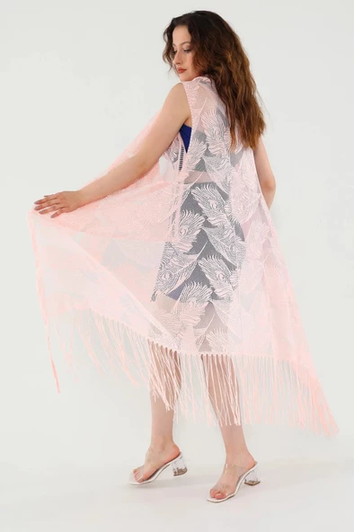 Pareo Dantel Yelek Mayo Bikini Üzeri Yaprak Desenli Püsküllü Plaj Elbisesi - Açık Pembe - 5