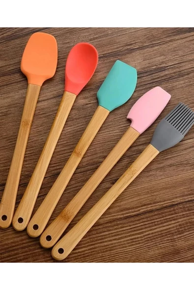 5 Li Renkli Ahşap Saplı Silikon Uçlu Spatula Fırçalı Kaşık Seti -Yemek Hazırlık Seti 21 Cm - 4