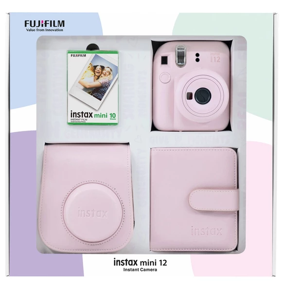 Fujifilm Instax Mini 12 10 Filmli Kare Albüm ve Deri Kılıflı Pembe Fotoğraf Makinesi Bundle Box