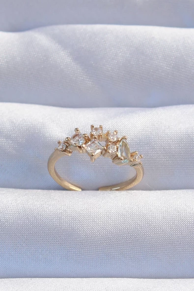 Pirinç Gold Renk Zirkon Taşlı Damla Detay Ayarlanabilir Yüzük - TJ-BYK3245 ürün görseli