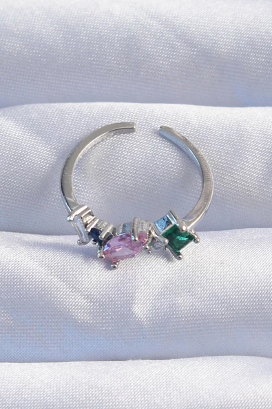 Pirinç Gümüş Renk Renkli Zirkon Taşlı Ayarlanabilir Yüzük - TJ-BYK3238 - Resim 2