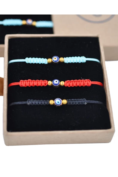 Nazar Boncuklu Kırmızı Mavi Siyah Renkli Ayarlanabilir Örgülü Hediyelik Bijuteri Elyapım İp Bileklik (4549) - Resim 5
