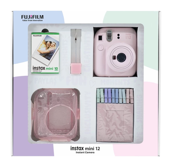 Fujifilm Instax Mini 12 10 Filmli Simli Pleksi Kılıf Mandal ve Kıskaçlı Resim Standlı Pembe