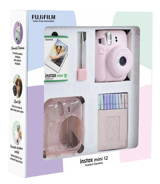 Fujifilm Instax Mini 12 10 Filmli Simli Pleksi Kılıf Mandal ve Kıskaçlı Resim Standlı Pembe - 3