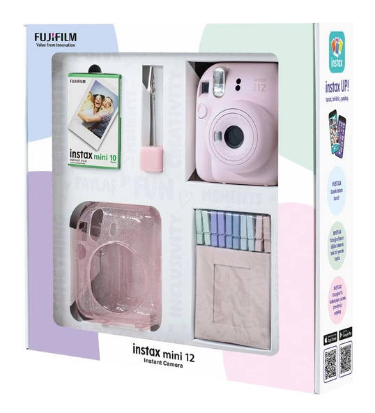 Fujifilm Instax Mini 12 10 Filmli Simli Pleksi Kılıf Mandal ve Kıskaçlı Resim Standlı Pembe - 2