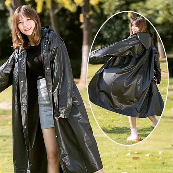 3 ADET 1.KALİTE SİYAH YAĞMURLUK  ŞAPKALI ÇITÇITLI YAĞMURLUK OUTDOOR YAĞMURLUK VIP UNISEX RAIN COAT - 2