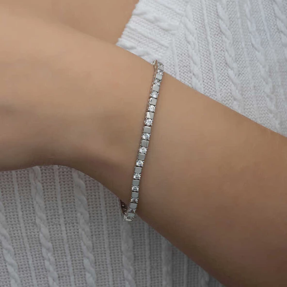 Gümüş Beyaz Taşlı Su Yolu Kadın Bileklik - Resim 2