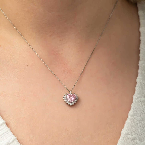 Gümüş Pembe Taşlı Kalp Kadın Kolye - 3