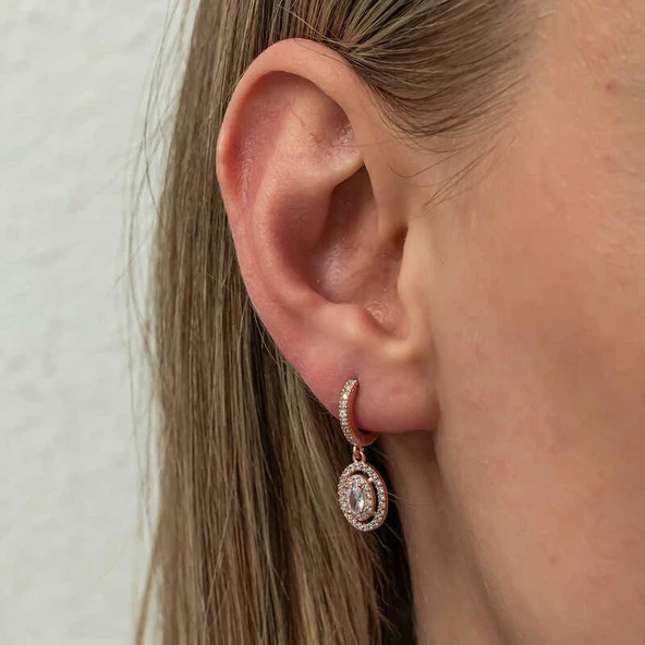 Gümüş Rose Oval Taşlı Sallantılı Küpe - Resim 4