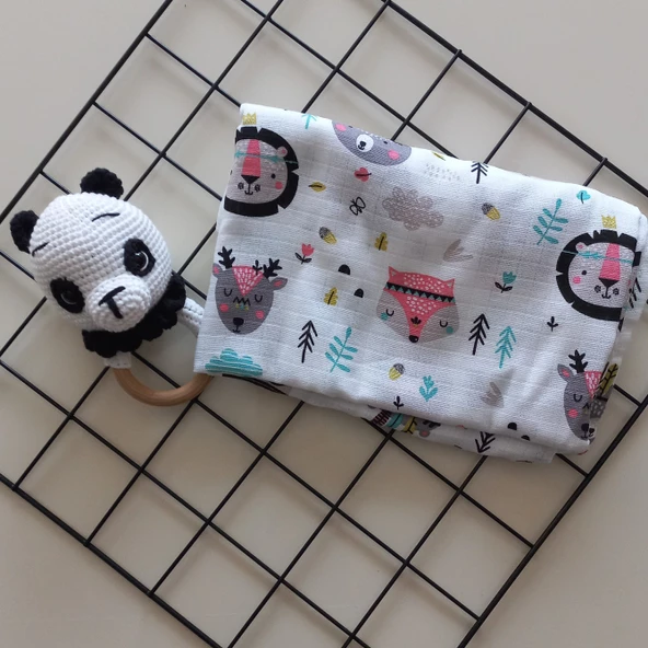 MARS BABY Bebek Amigurumi Örgü Çıngırak Panda Uyku Arkadaşı Müslin Örtü Seti