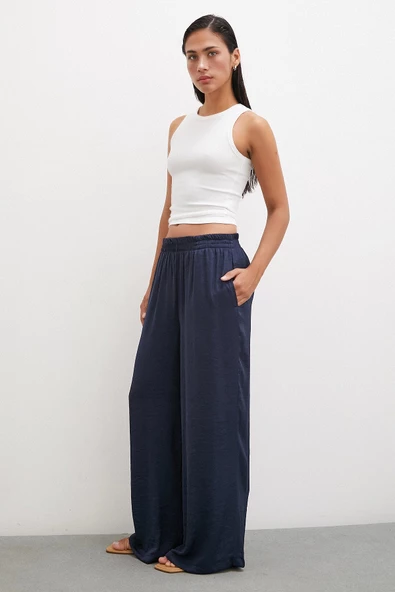 Dökümlü Romantik Pantolon Lacivert - 3