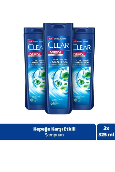Clear Men Kepeğe Karşı Etkili Şampuan Cool Sport Menthol Ferahlatıcı Mentol Etkisi 325 Ml X3