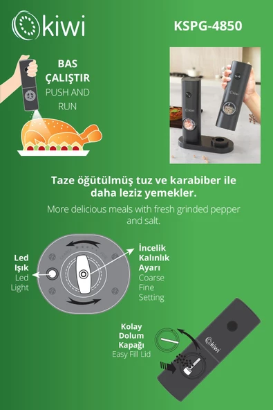 Kiwi Pilli Işıklı Tuz Karabiber Değirmeni Otomatik Baharat Öğütücü 2li Paket (SİYAH) - 2