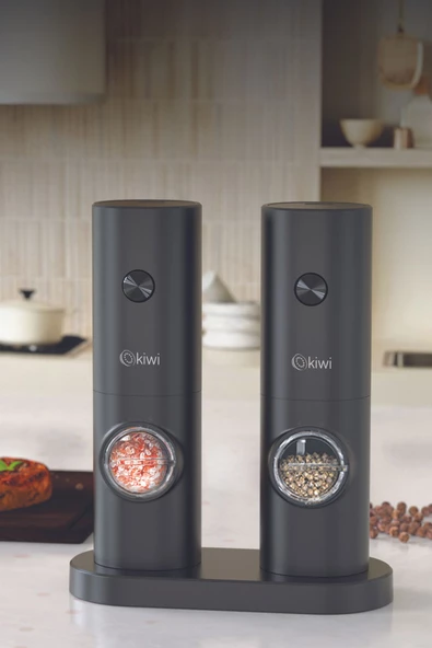 Kiwi Pilli Işıklı Tuz Karabiber Değirmeni Otomatik Baharat Öğütücü 2li Paket (SİYAH) - 4