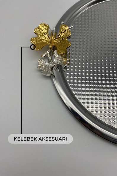 3'lü Kelebekli Yuvarlak Gümüş Çay ve Kahve Sunum Tepsisi, Dekoratif Servis Tepsisi 22cm Tek kişilik - 5