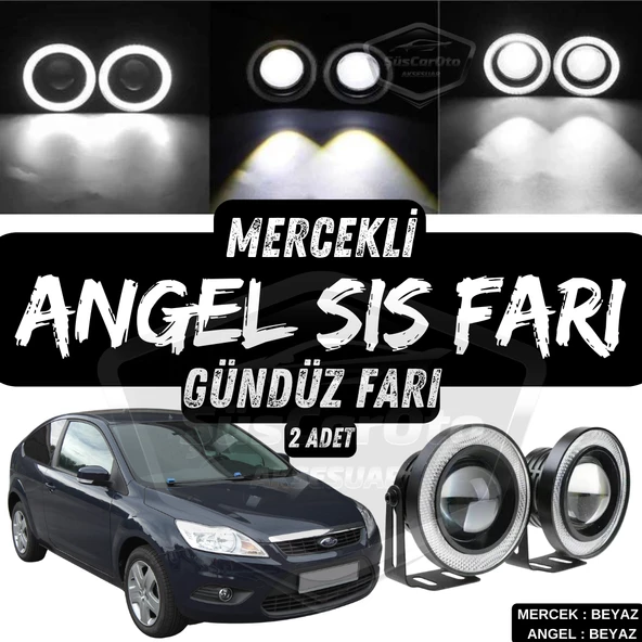 Ford Focus 2.5 2009-2011 Uyumlu Üniversal Mercekli Angel Sis Farı Metal Su Geçirmez 76 mm Beyaz Halkalı Gündüz Farı Angel Eyes 2 Adet