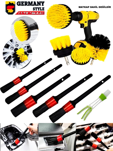Germany Style 9 Parça Araç İç ve Dış Temizlik Matkapa Uyumlu Fırça Seti Detay Temizlki Seti