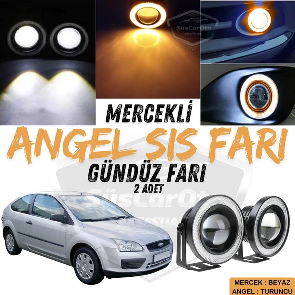 Ford Focus 2 2004-2008 Uyumlu Üniversal Mercekli Angel Sis Farı Metal Su Geçirmez 76 mm Turuncu Halkalı Gündüz Farı Angel Eyes 2 Adet