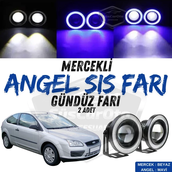 Ford Focus 2 2004-2008 Uyumlu Üniversal Mercekli Angel Sis Farı Metal Su Geçirmez 76 mm Mavi Halkalı Gündüz Farı Angel Eyes 2 Adet