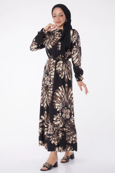 Düz Hakim Yaka Kadın Kahverengi Desenli Kuşaklı Elbise - 26024 - 2