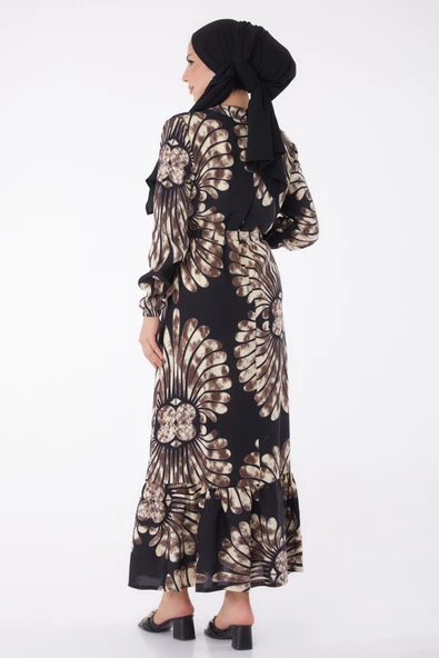 Düz Hakim Yaka Kadın Kahverengi Desenli Kuşaklı Elbise - 26024 - 5