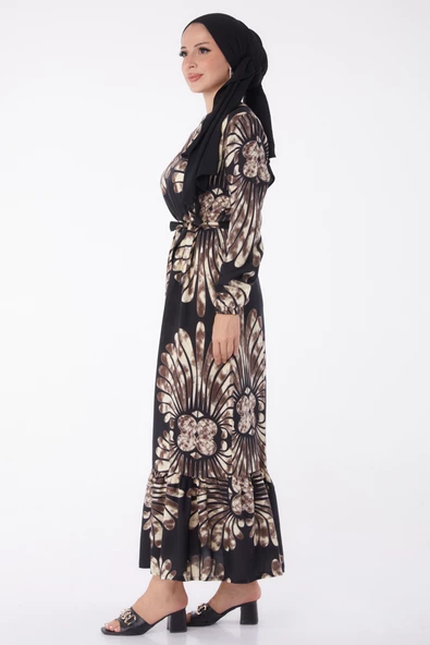 Düz Hakim Yaka Kadın Kahverengi Desenli Kuşaklı Elbise - 26024 - 4