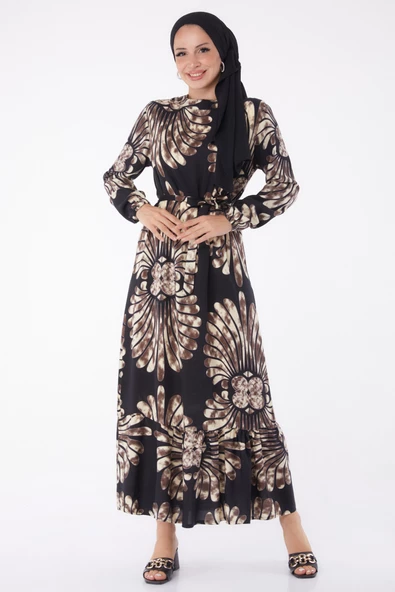 Düz Hakim Yaka Kadın Kahverengi Desenli Kuşaklı Elbise - 26024