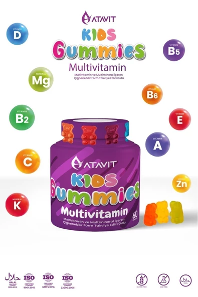 ATAVİT,Multivitamin A,C,E,D3,B3.B5.B6.B12.Biotin,İyot Gummıes Kids