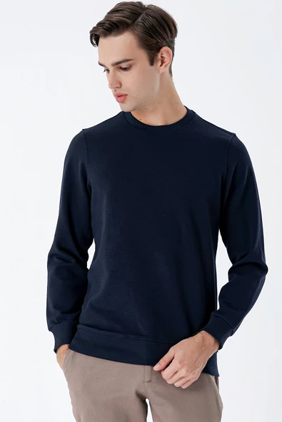 Koyu Lacivert Uzun Kollu  Örme Bisiklet Yaka   Likralı Casual Comfort Fit Sweatshirt 1013235103