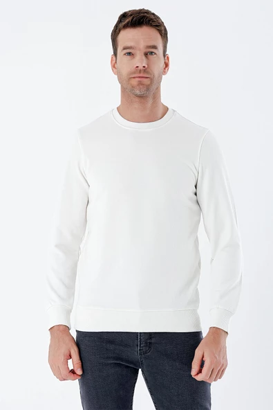 Ekru Uzun Kollu  Örme Bisiklet Yaka   Likralı Casual Comfort Fit Sweatshirt 1013235103