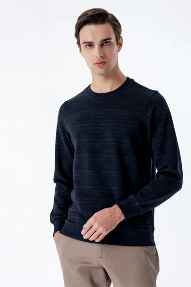 Koyu Lacivert Uzun Kollu  Örme Bisiklet Yaka   Likralı Casual Comfort Fit Sweatshirt 1013235105