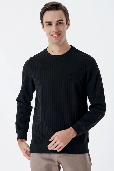 Siyah Uzun Kollu  Örme Bisiklet Yaka   Likralı Casual Comfort Fit Sweatshirt 1013235104