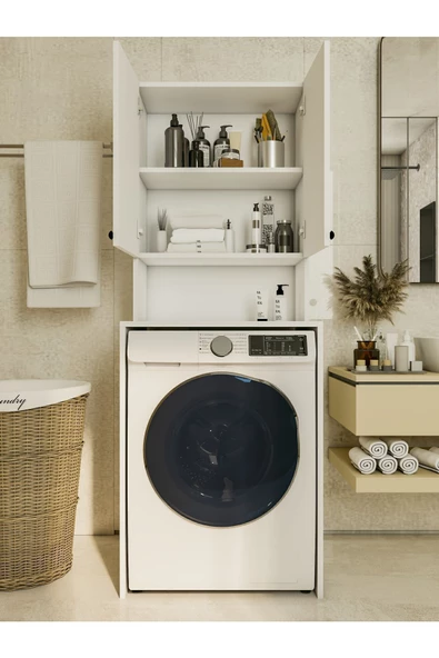 MONTENERO Çamaşır Makinesi Üstü Düzenleyici Parlak Beyaz Banyo Dolabı - 3