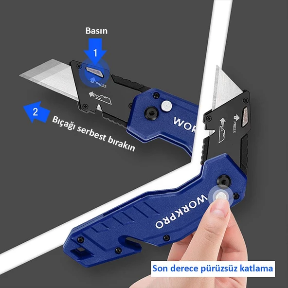 WORKPRO WP211008 Profesyonel Katlanır Çok Amaçlı Rötuş Maket Bıçağı + 10 Adet Yedek Bıçak - 9