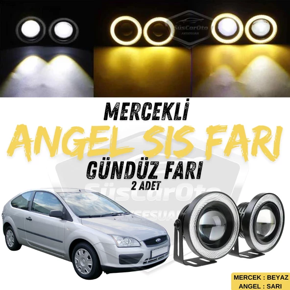 Ford Focus 2 2004-2008 Uyumlu Üniversal Mercekli Angel Sis Farı Metal Su Geçirmez 76 mm Sarı Halkalı Gündüz Farı Angel Eyes 2 Adet