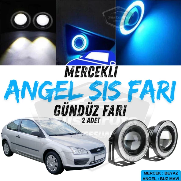 Ford Focus 2 2004-2008 Uyumlu Üniversal Mercekli Angel Sis Farı Metal Su Geçirmez 76 mm Buz Mavi Halkalı Gündüz Farı Angel Eyes 2 Adet